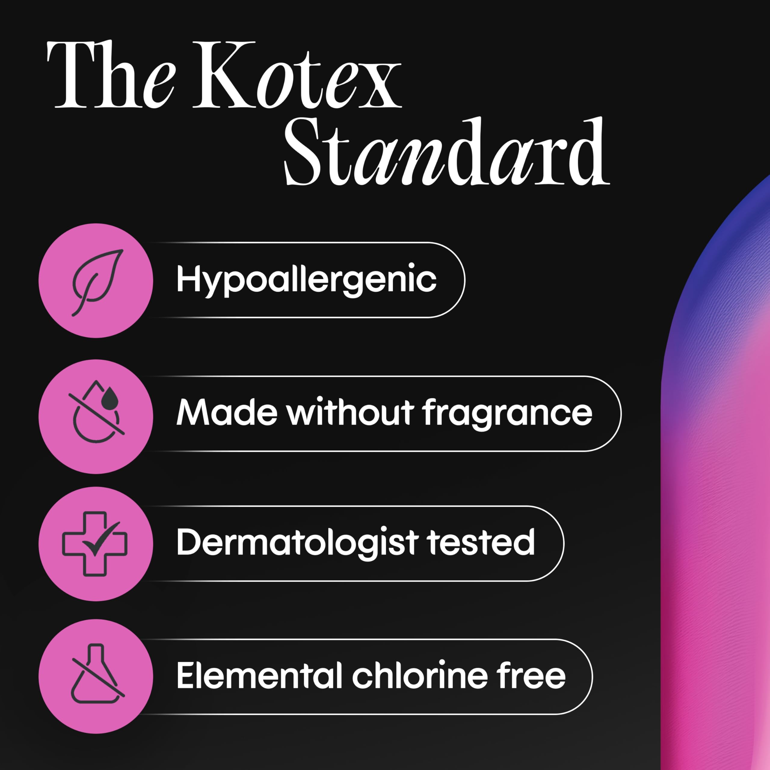 Kotex pad beside hand for size scale to show extended overnight coverage