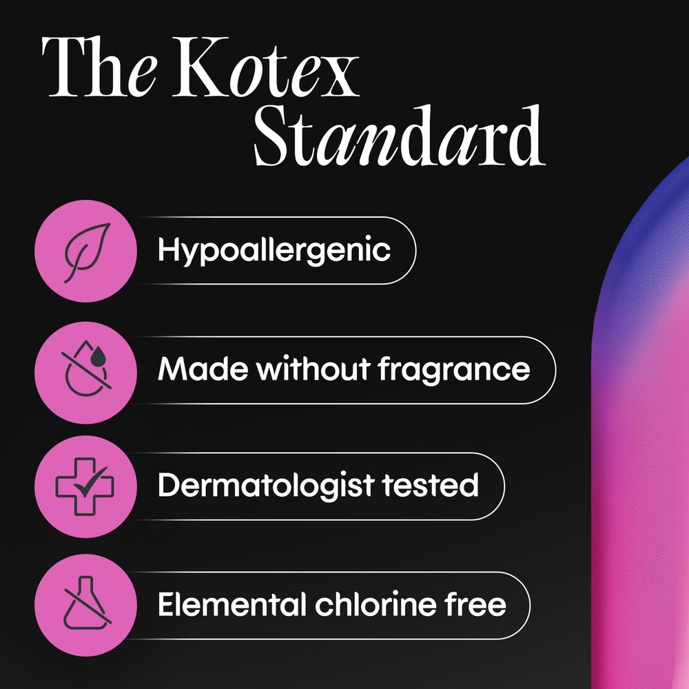 Kotex pad beside hand for size scale to show extended overnight coverage