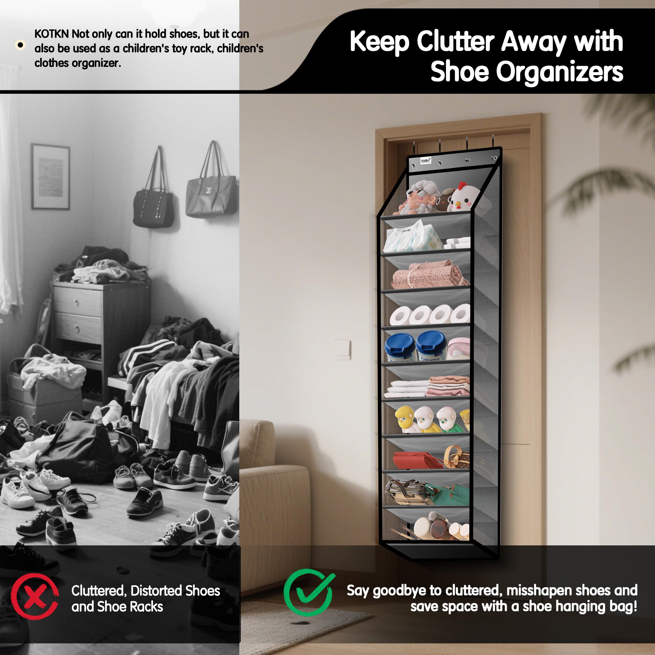Kotkn metal hooks and hanging setup showing tool-free installation and convenience
