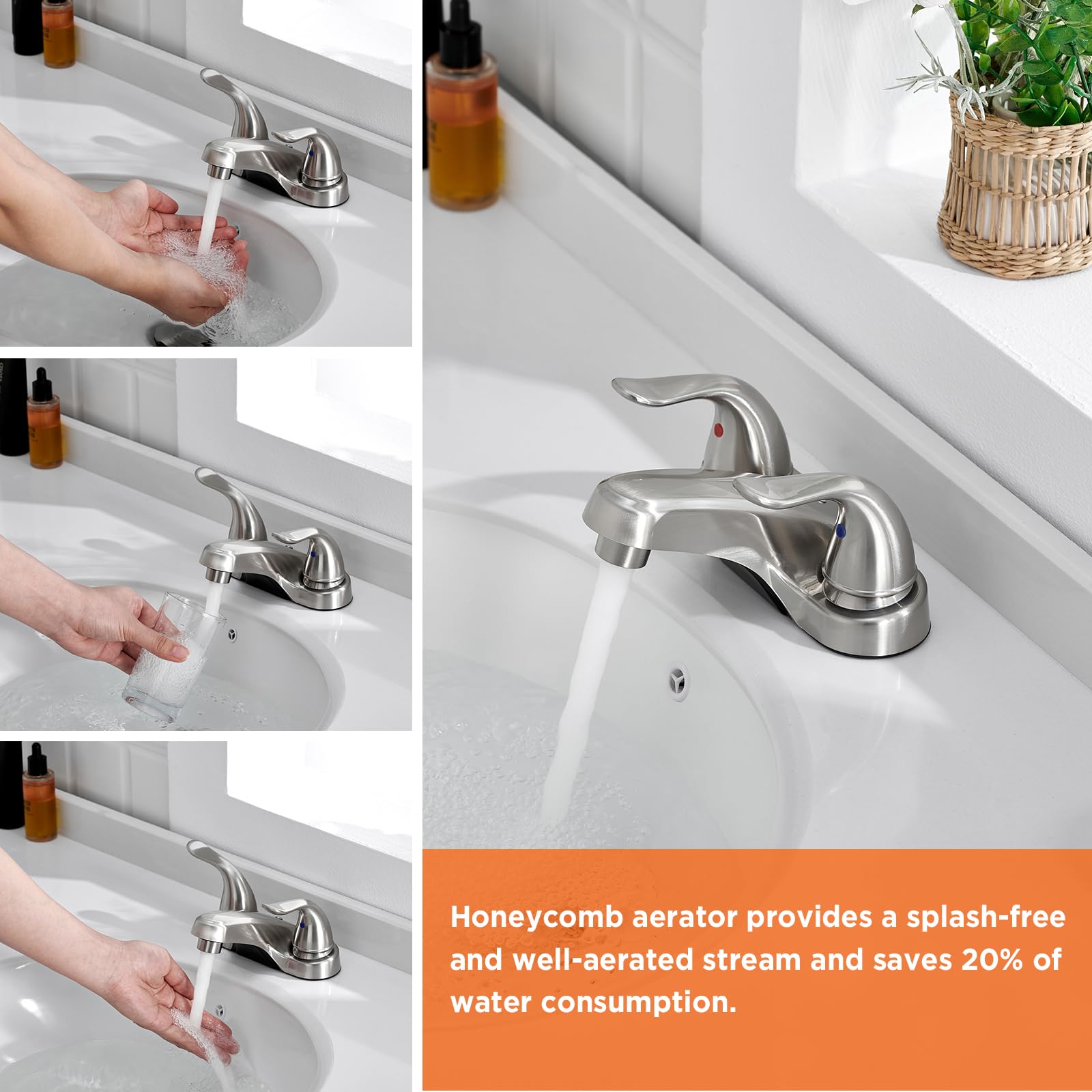 KPWATER faucet beside ruler showing compact 4" centerset fit benefit