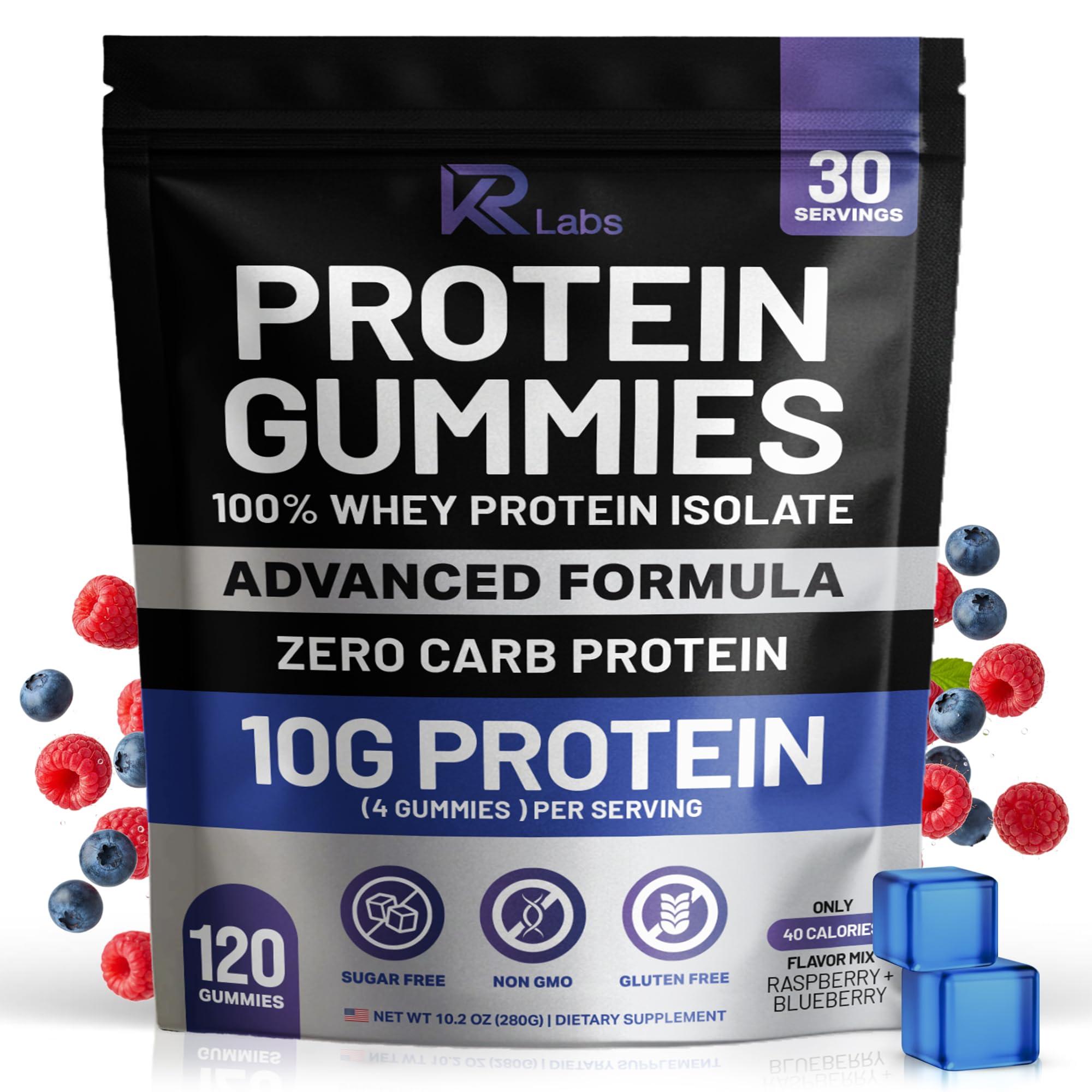 KR Labs front packaging showing mixed berry zero-carb protein gummies benefit convenience
