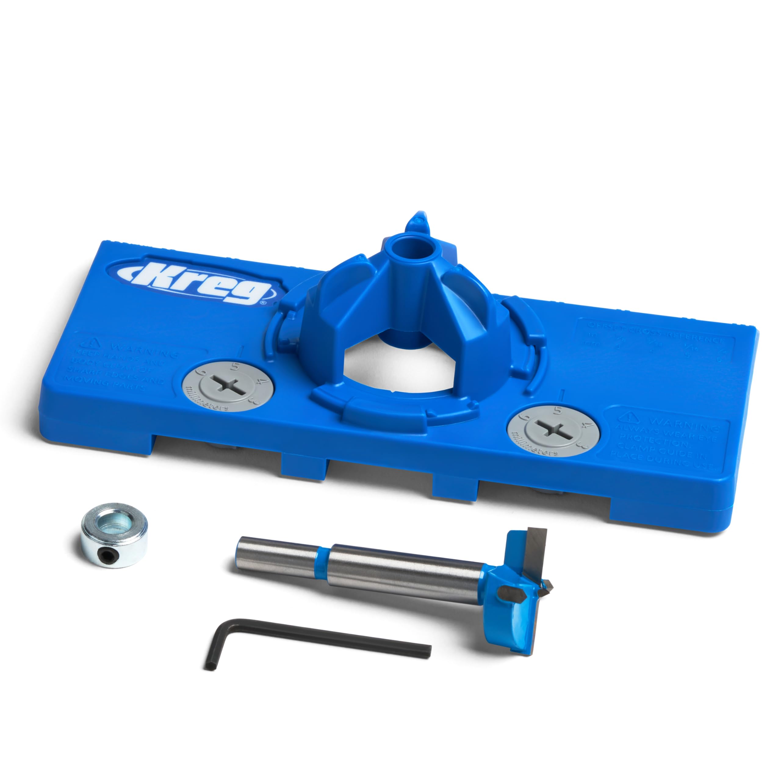 Kreg concealed hinge jig front view showing guide and base for accurate drilling