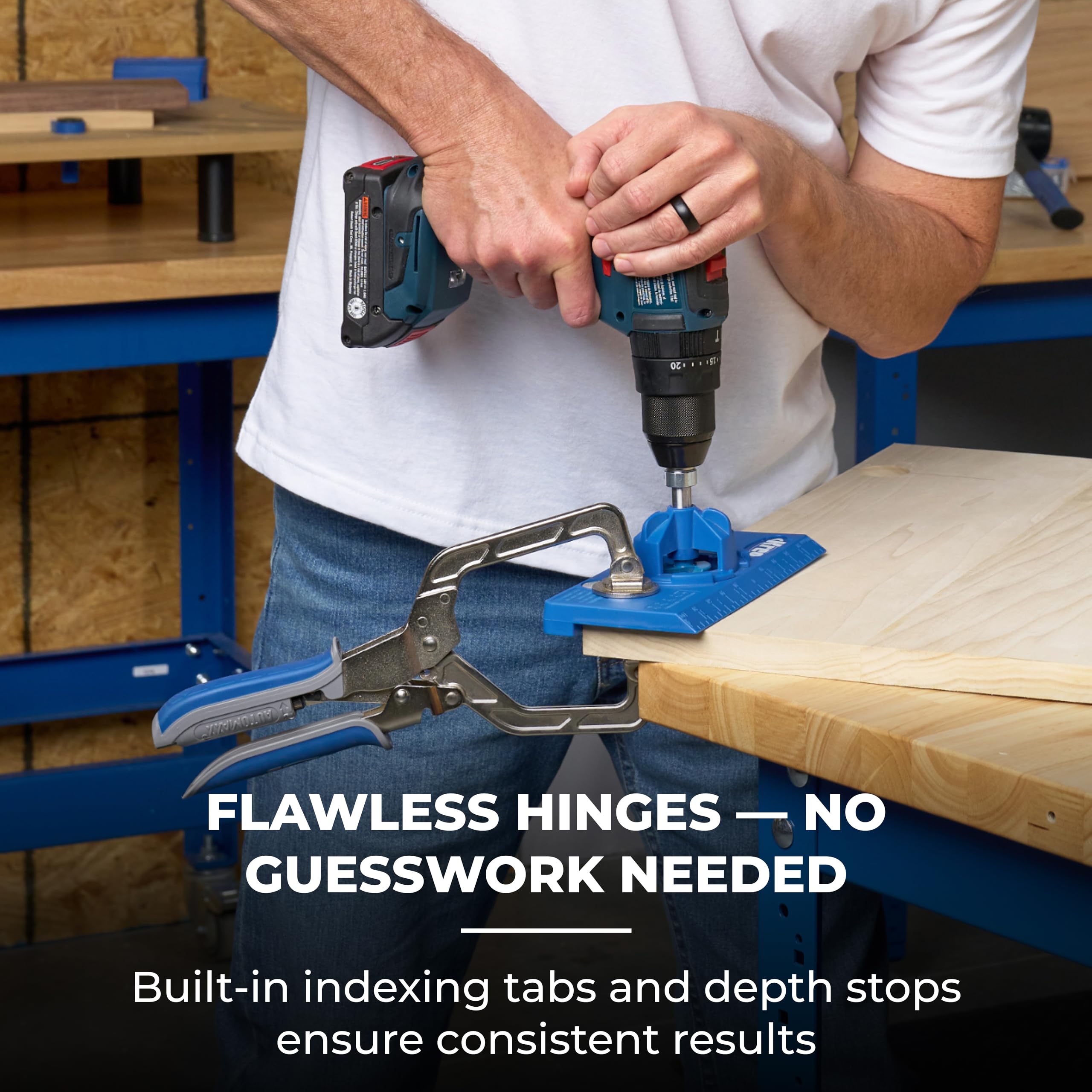 Kreg jig mounted on cabinet door illustrating stable positioning and alignment