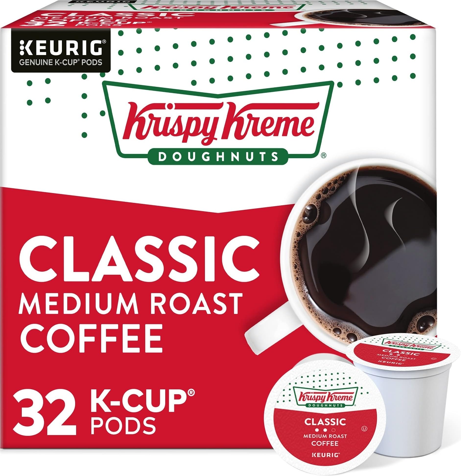 Krispy Kreme front packaging showing 32-count box and brand benefit
