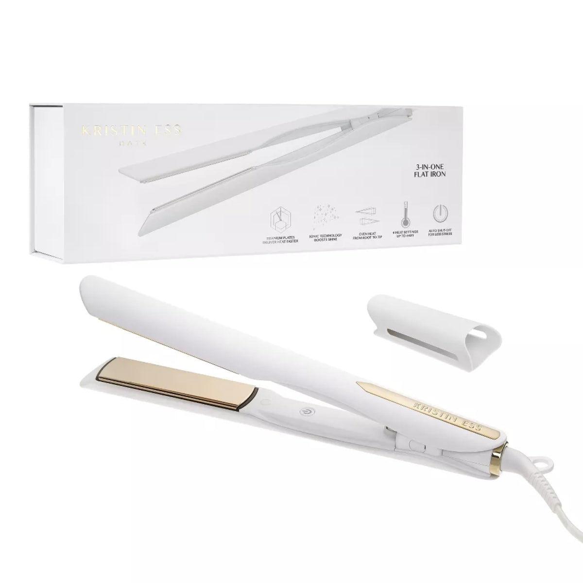 Kristin Ess front view of 1.25 inch titanium styler showing versatile design and professional result