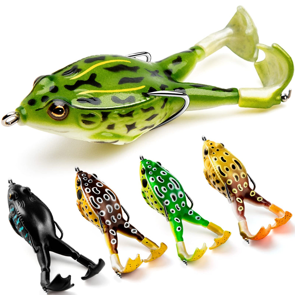 KRLAO front view of five frog lures showing colors and floating profile