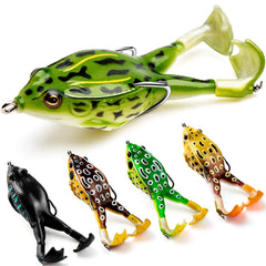 KRLAO front view of five frog lures showing colors and floating profile