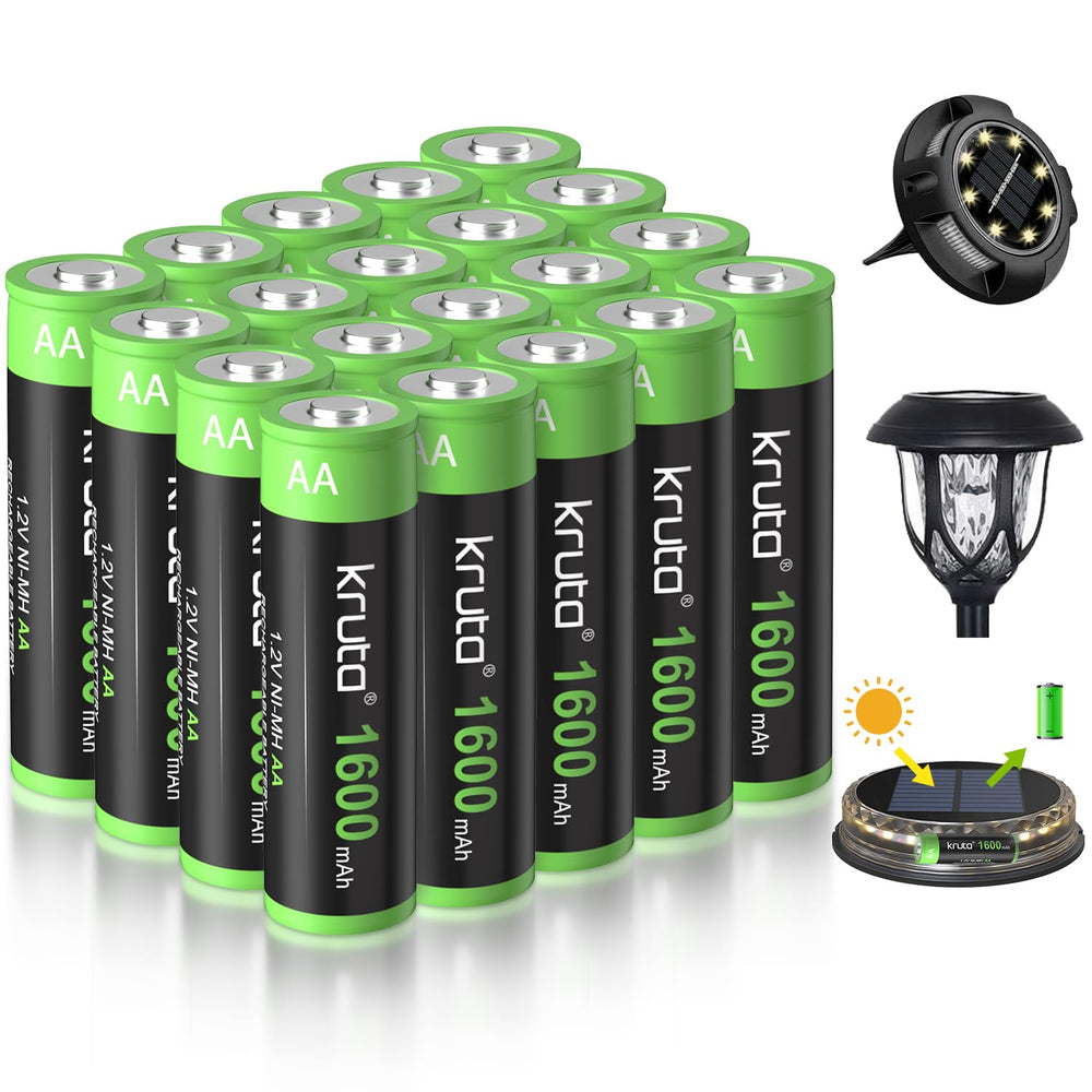 Kruta AA pack front view showing 20 batteries and clear labeling for long runtime