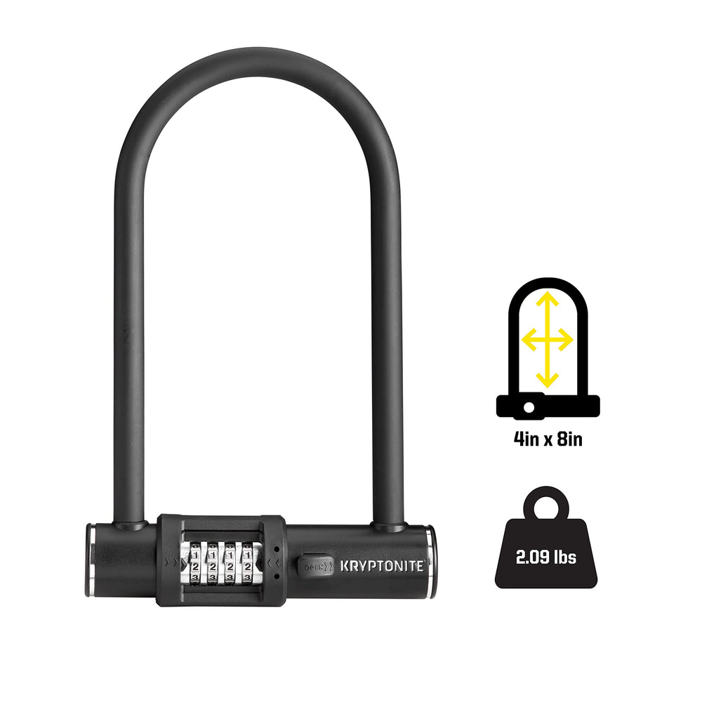 Kryptonite lock beside ruler showing 4" x 8" internal clearance