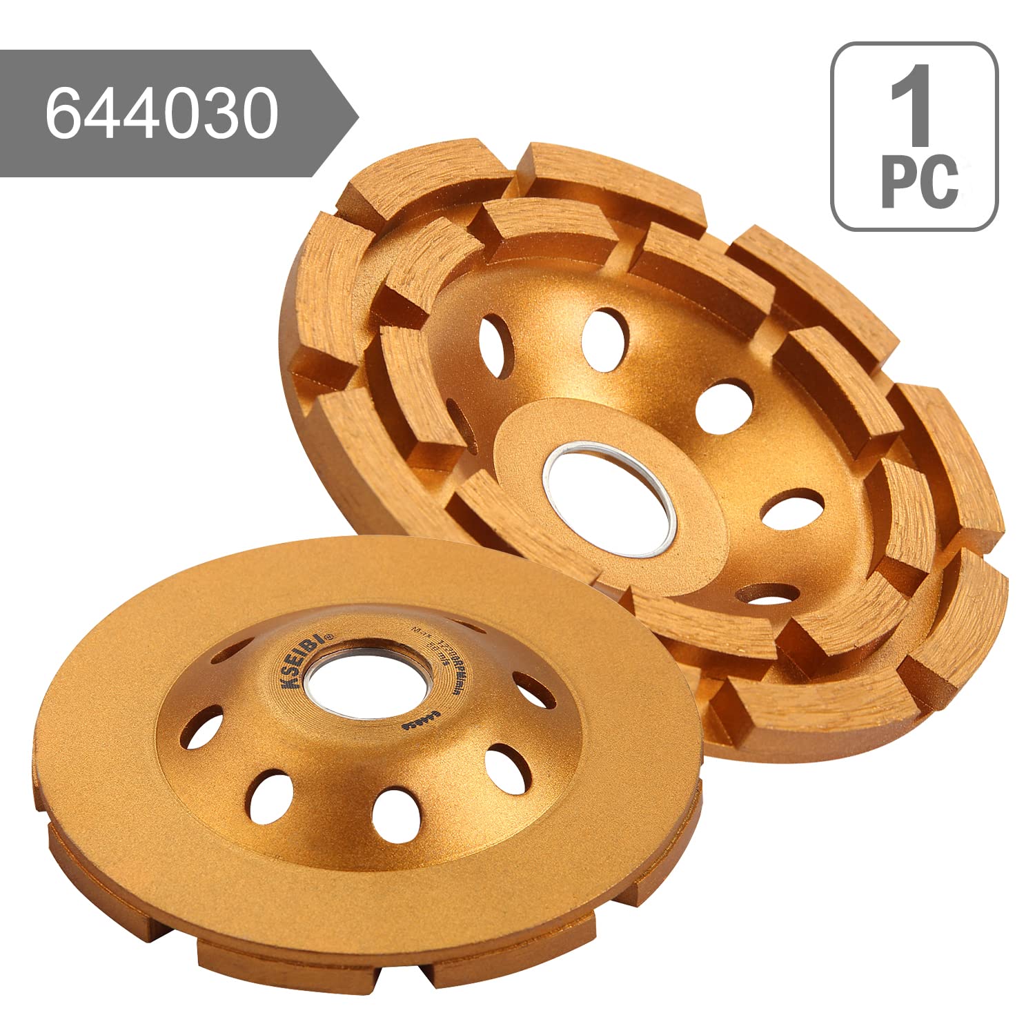 KSEIBI cup wheel next to a ruler showing 4.5-inch diameter and scale for fitment