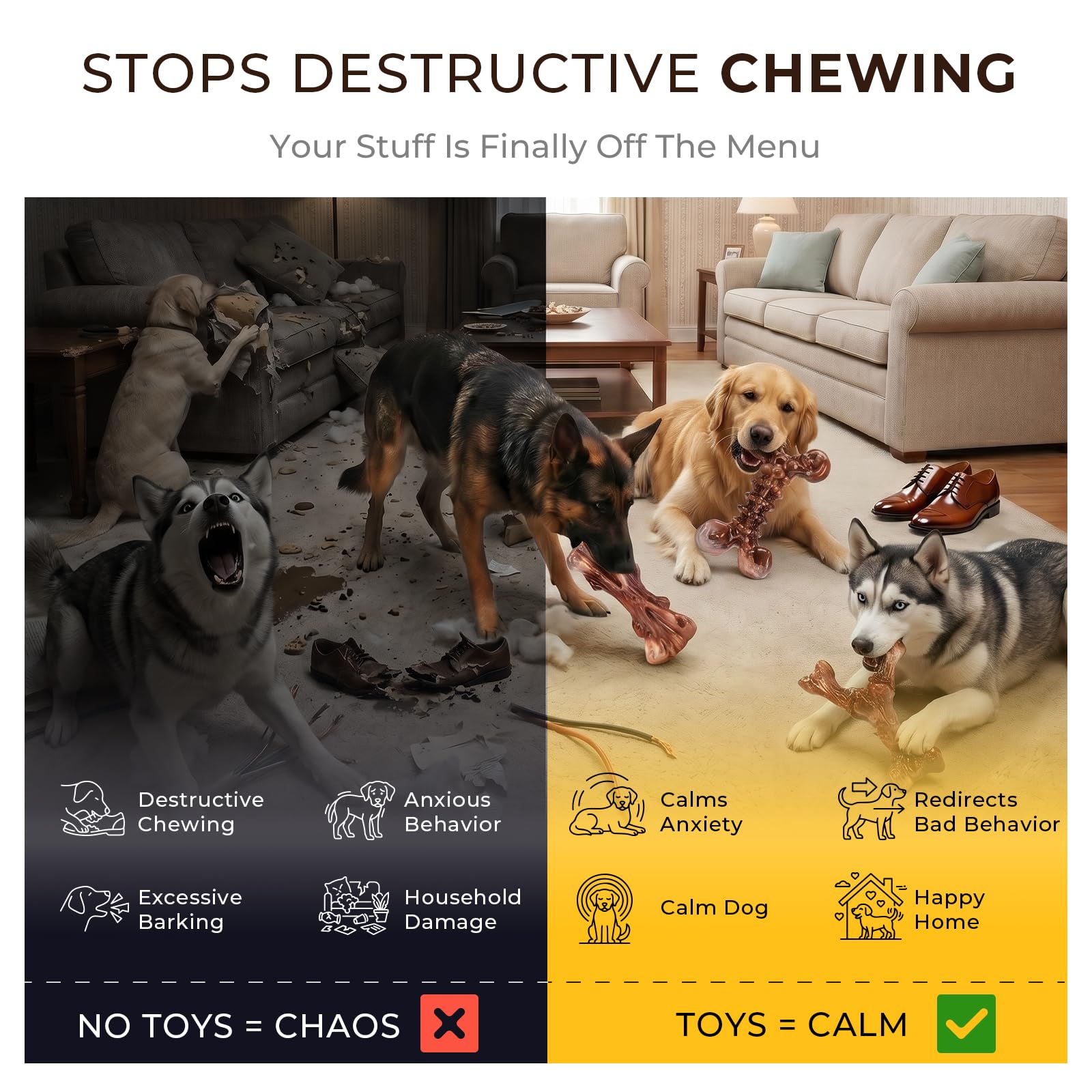 Kseroo dog chewing outdoors demonstrating sturdy play and focus