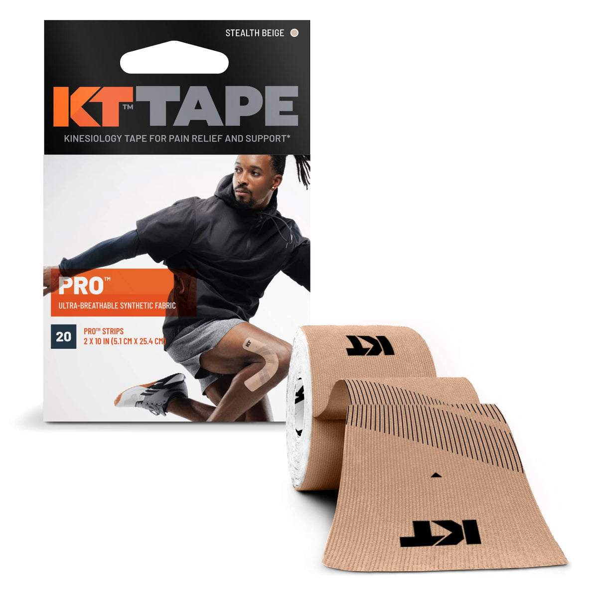 KT Tape Pro front packaging showing 20-count stealth beige strips and benefits