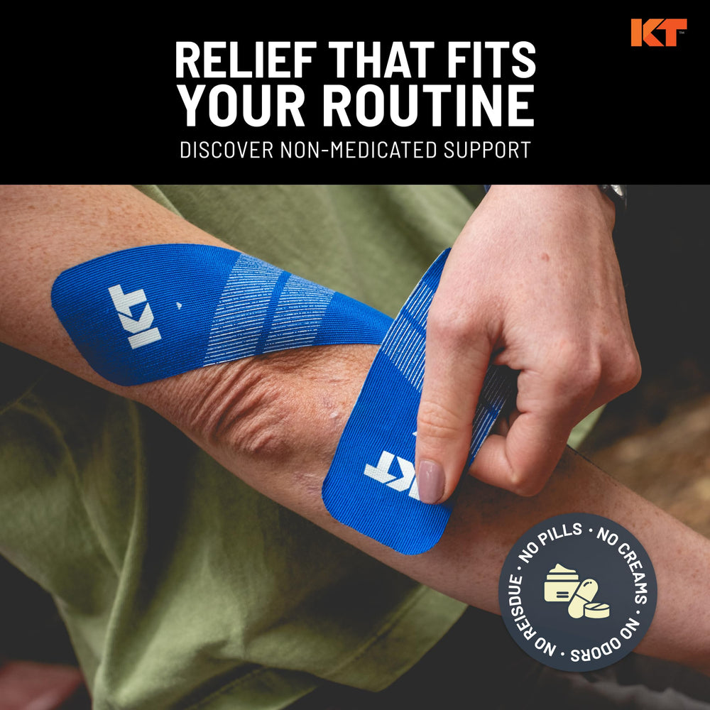 KT Tape Pro on runner's calf illustrating discreet support and sweat resistance