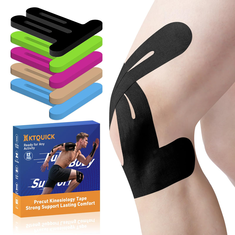 KTQUICK front packaging showing 12 precut knee tape strips and benefits