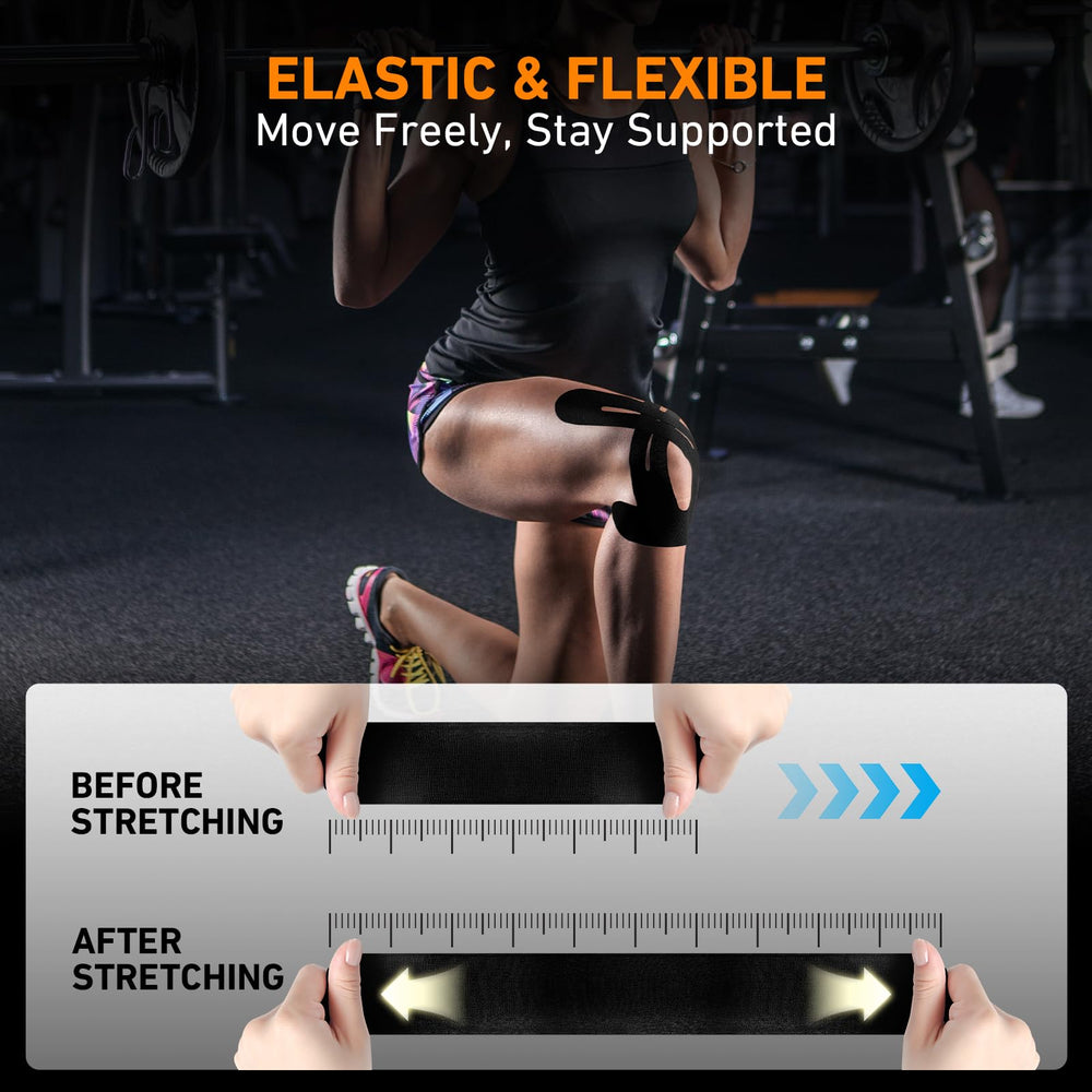 KTQUICK tape next to hand illustrating size and coverage for knee