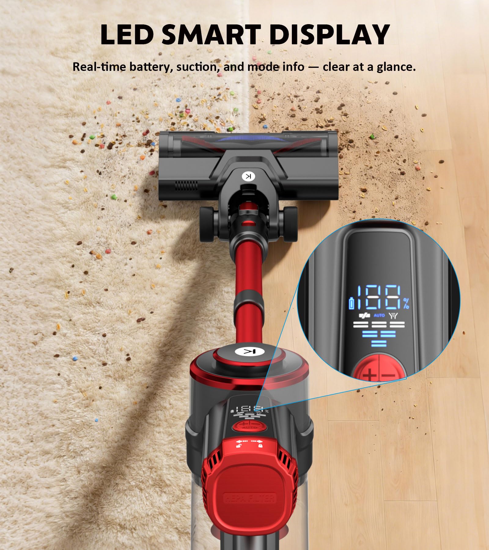 KTTLDRN K25 in living room being used on rug showing versatile whole-home cleaning