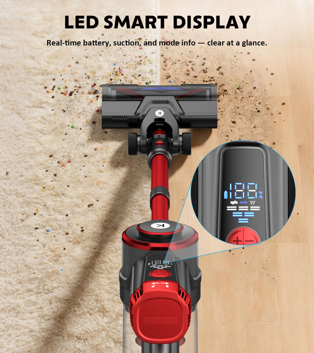 KTTLDRN K25 in living room being used on rug showing versatile whole-home cleaning