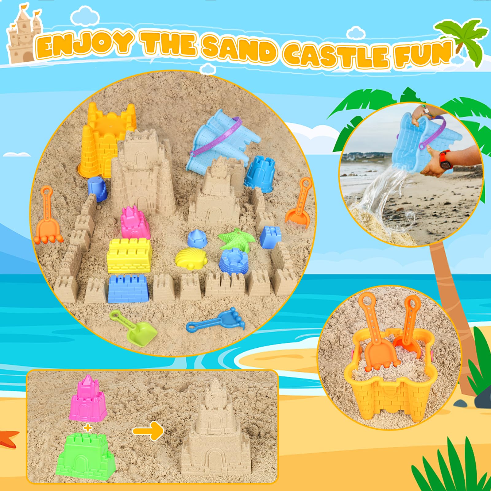 KUBUSFLY children using set to build a castle on the beach encouraging creativity