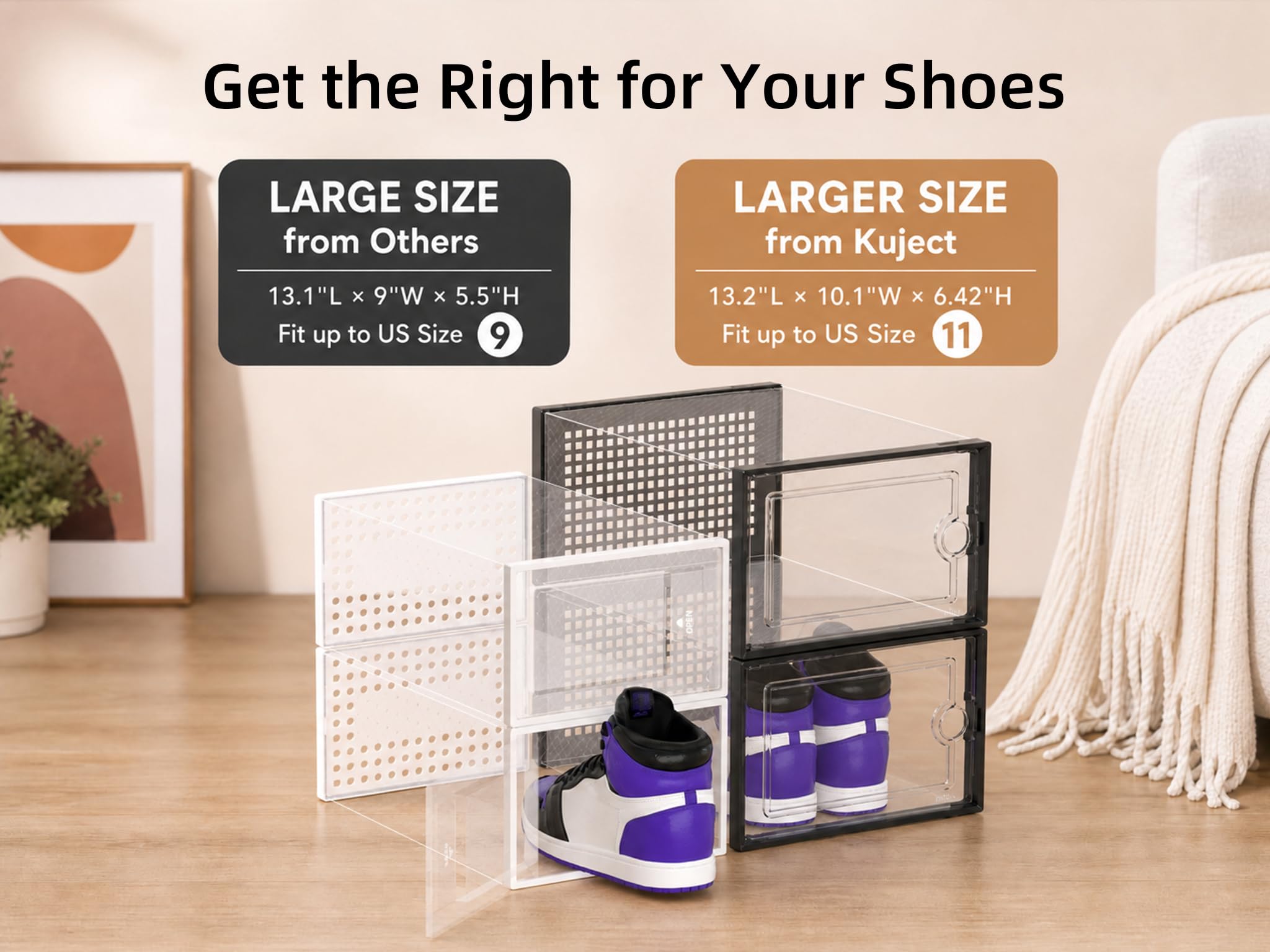 Kuject close-up transparent front highlighting easy shoe identification benefit