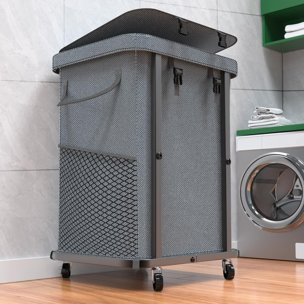 kunlabori front view of grey rolling hamper showing capacity and neat storage