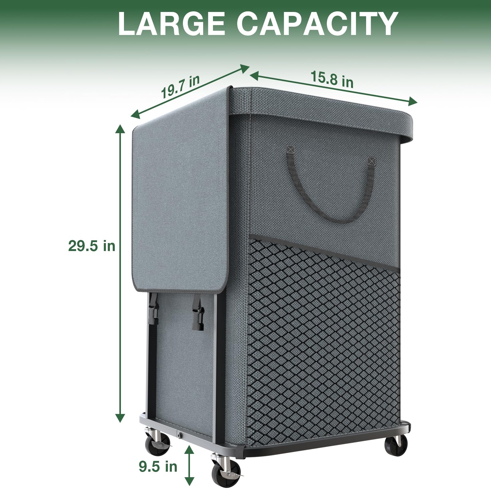kunlabori hamper next to a laundry basket showing 150L capacity scale
