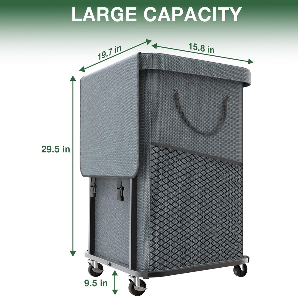 kunlabori hamper next to a laundry basket showing 150L capacity scale