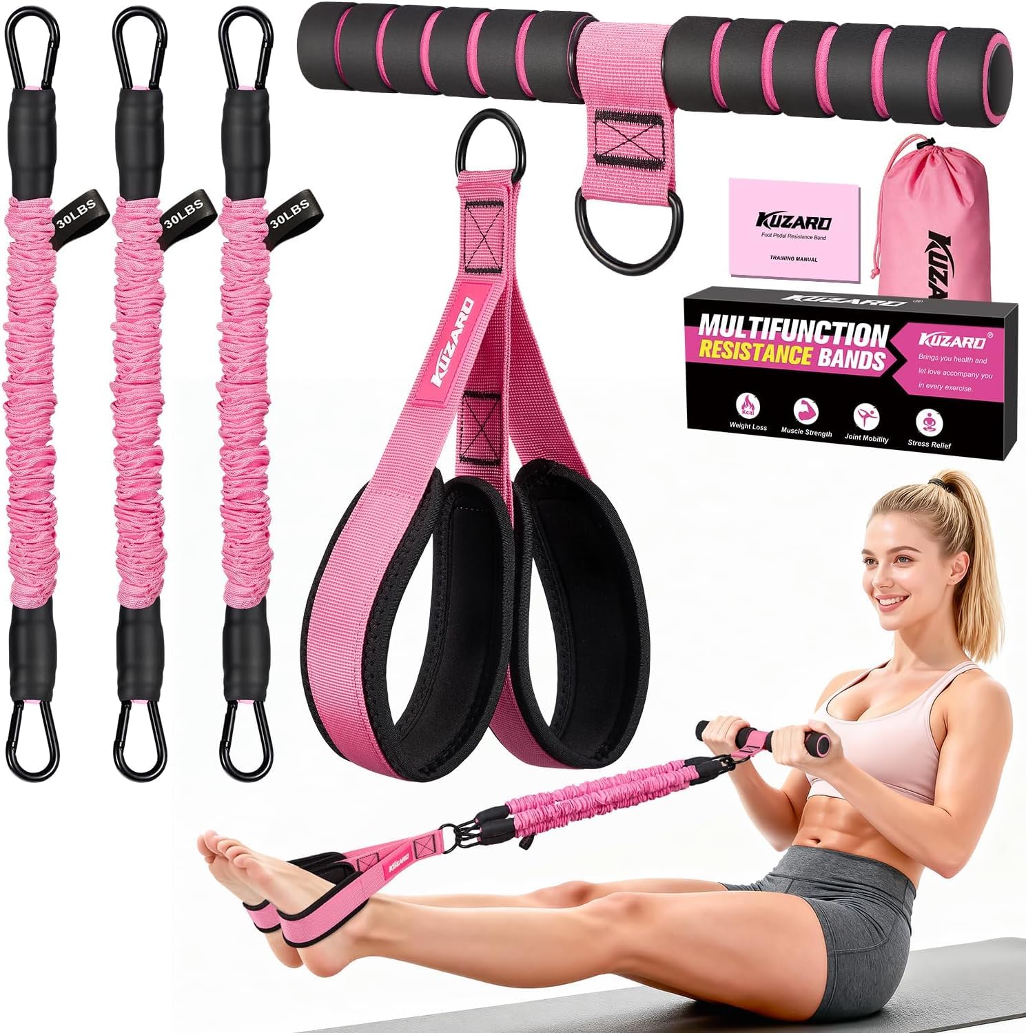 KUZARO front packaging showing compact resistance band set and benefits