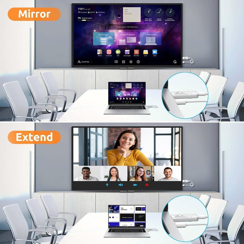 KVZOO receiver plugged into living room TV for wireless 1080p playback