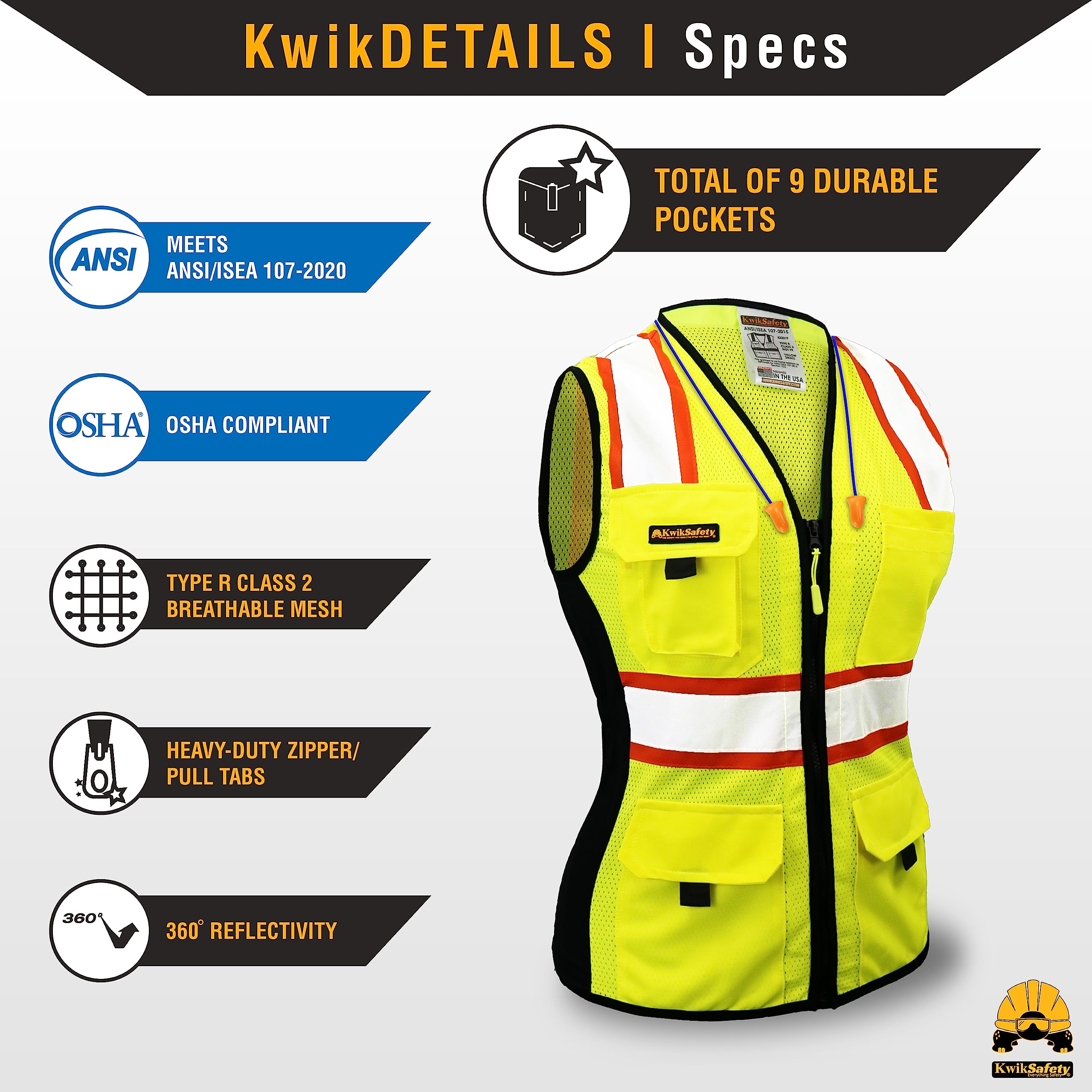 KwikSafety back view highlighting 360-degree reflective bands for full visibility