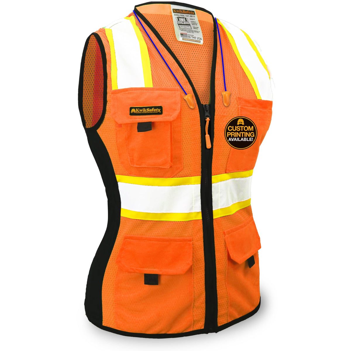 KwikSafety front view showing orange vest and reflective tape for clear visibility