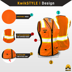 KwikSafety zipper and hem detail highlighting durable closure and secure fit