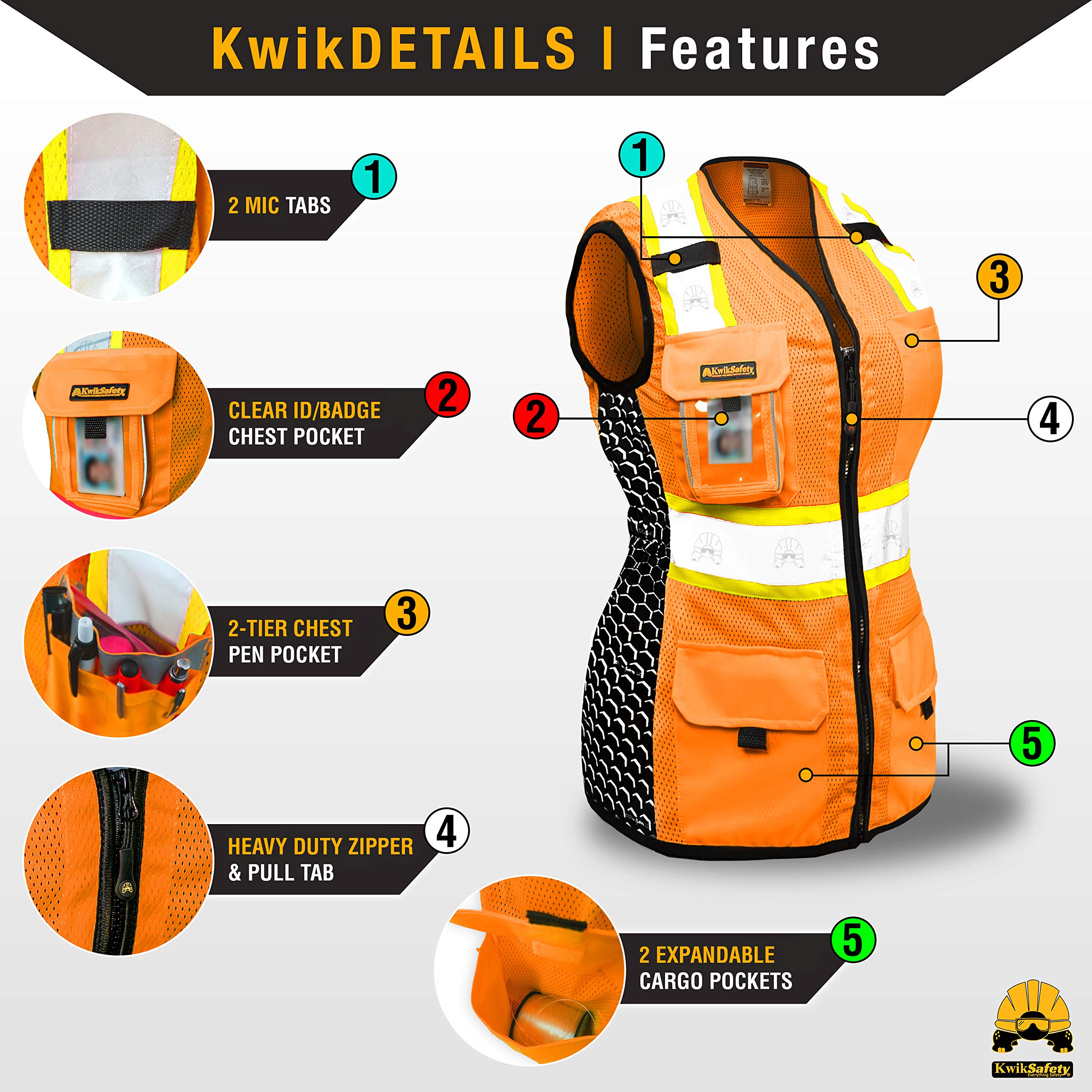KwikSafety detailed shot of ten-pocket layout to keep tools, phone, and ID secure