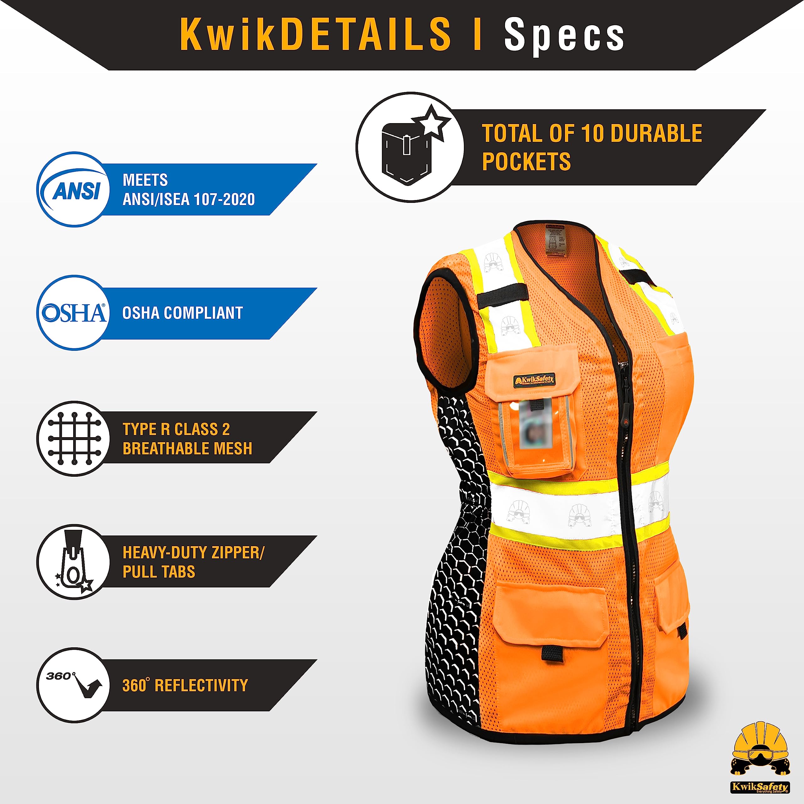 KwikSafety zipper and elastic waistband close-up demonstrating secure fit and flexible movement
