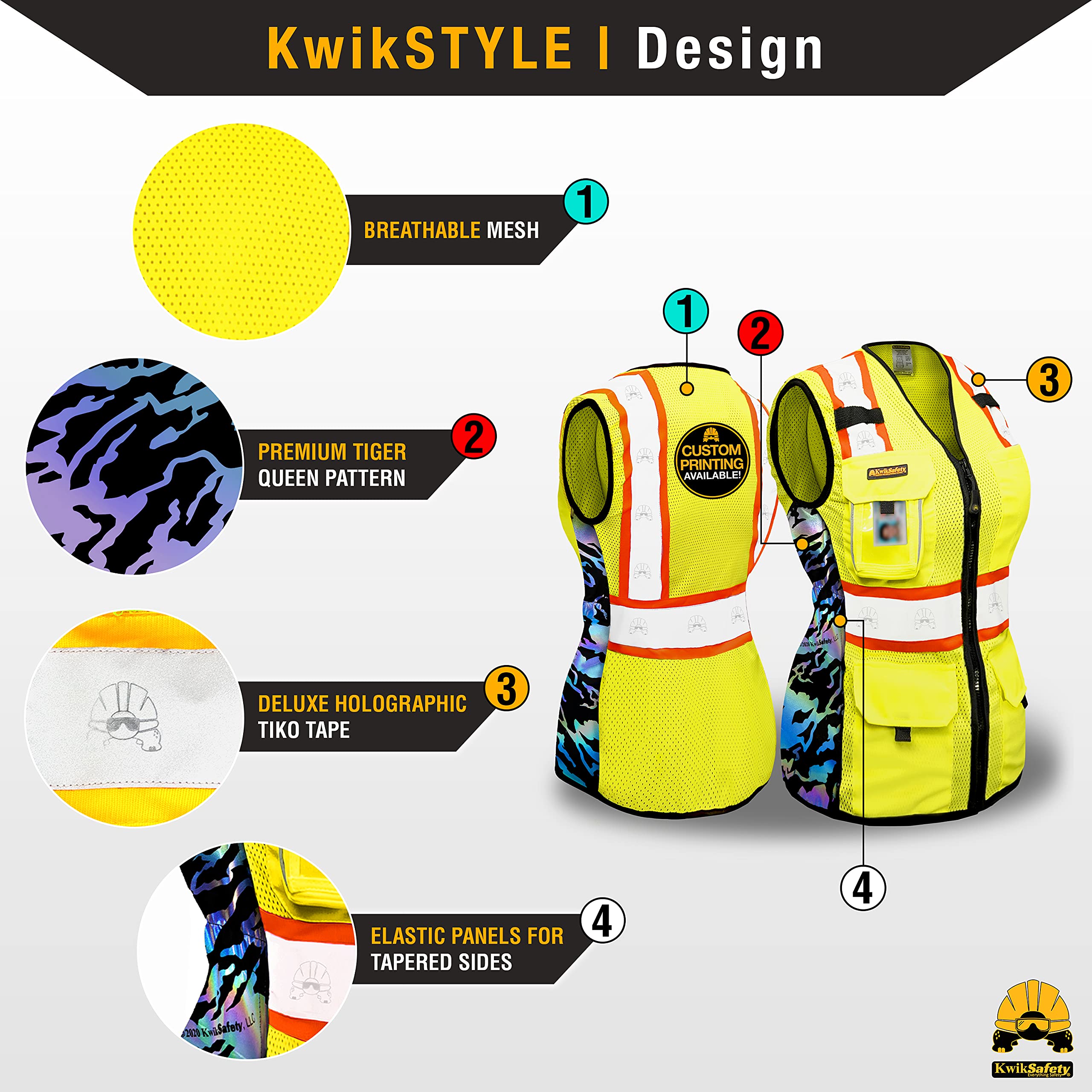 KwikSafety TIGER QUEEN fabric close-up showing iridescent TIKO reflective benefit