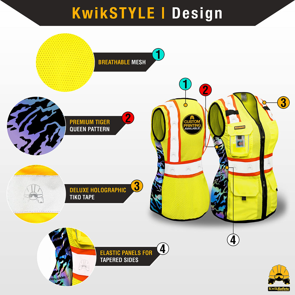 KwikSafety TIGER QUEEN fabric close-up showing iridescent TIKO reflective benefit