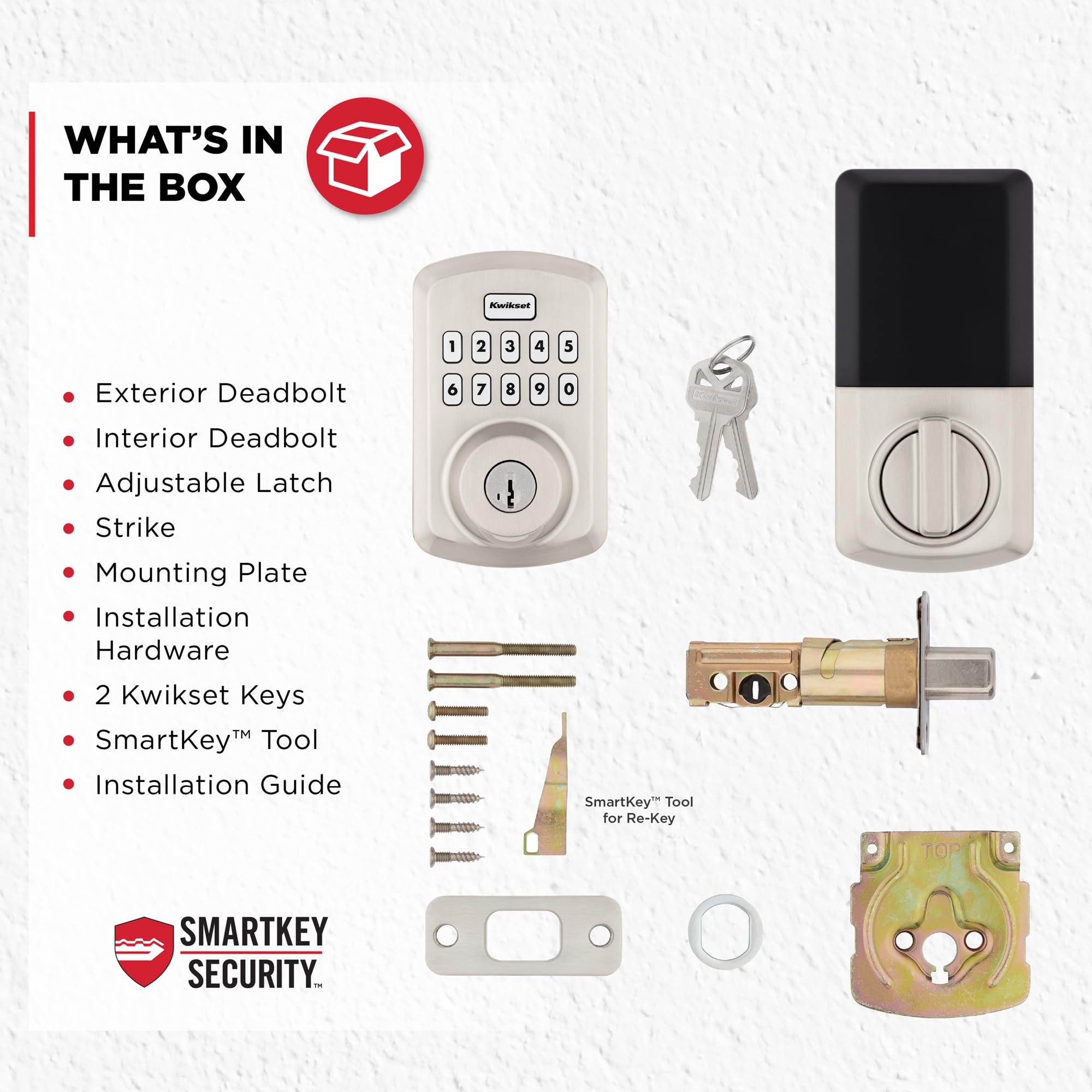 Kwikset retail packaging with included screws and manual for straightforward setup