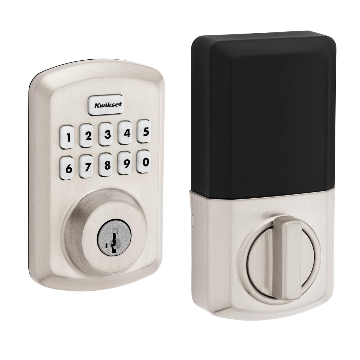 Kwikset Powerbolt 250 front view showing keypad and satin nickel finish for secure entry