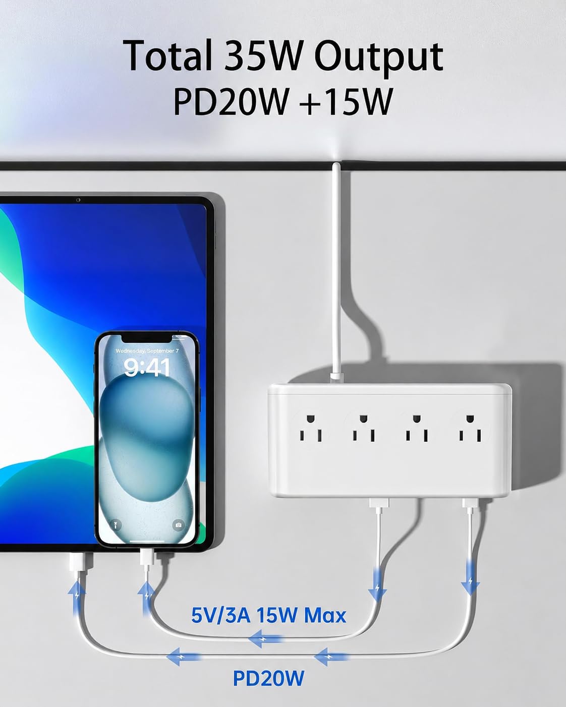 KWRNVO top view showing four AC outlets and six USB ports for multiple devices