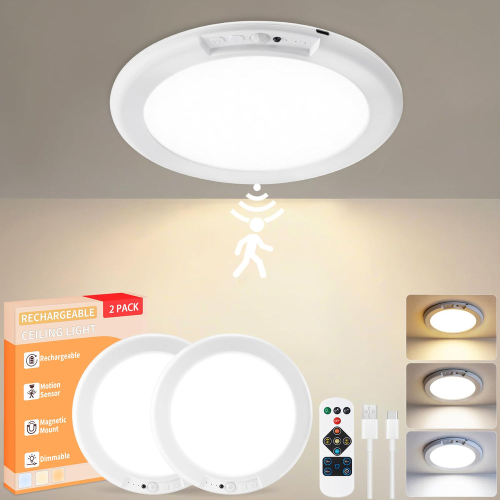 KYEKIO front view of the two rechargeable ceiling lights showing clean design and instant install benefit
