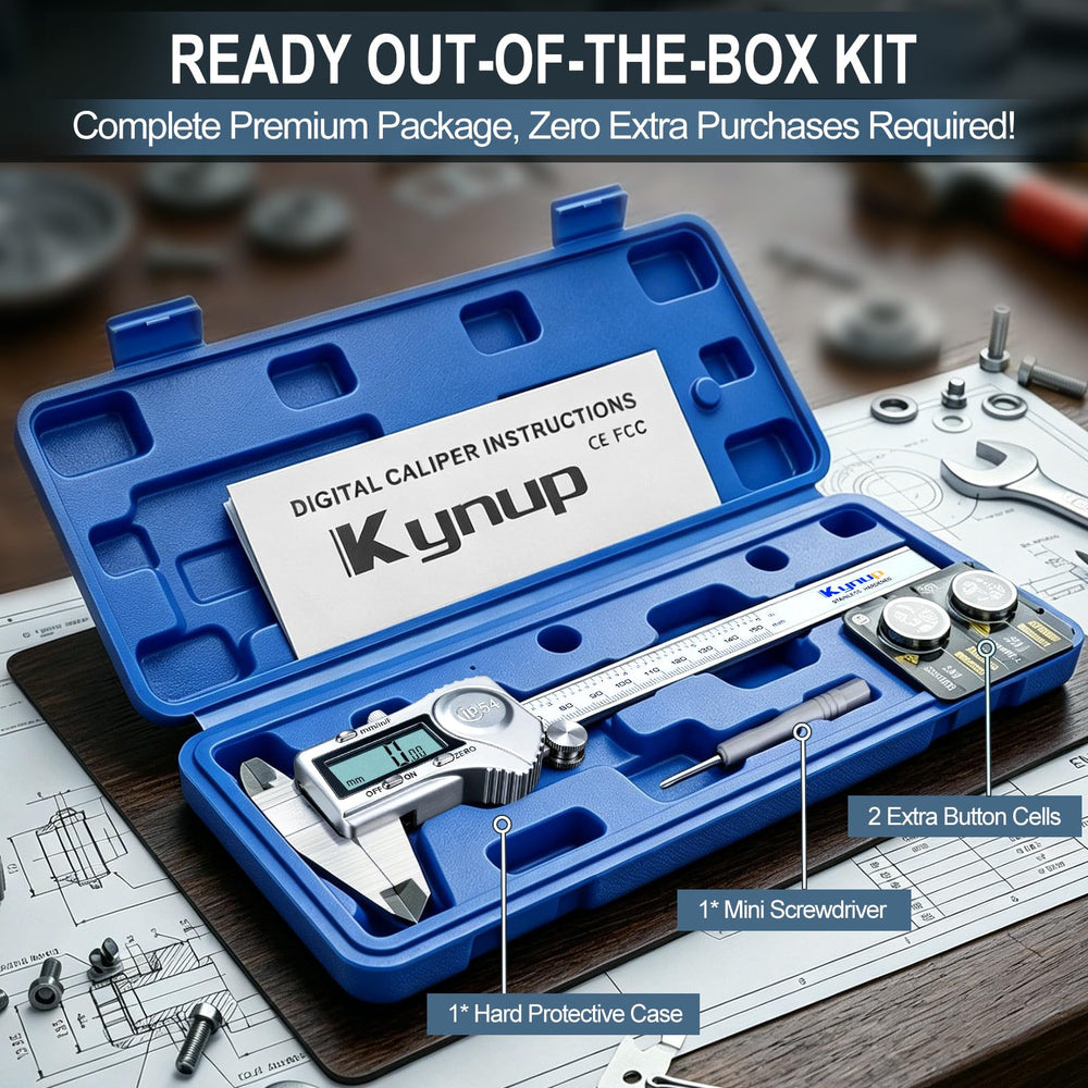 Kynup caliper next to a ruler illustrating six-inch scale and easy size comparison for reference