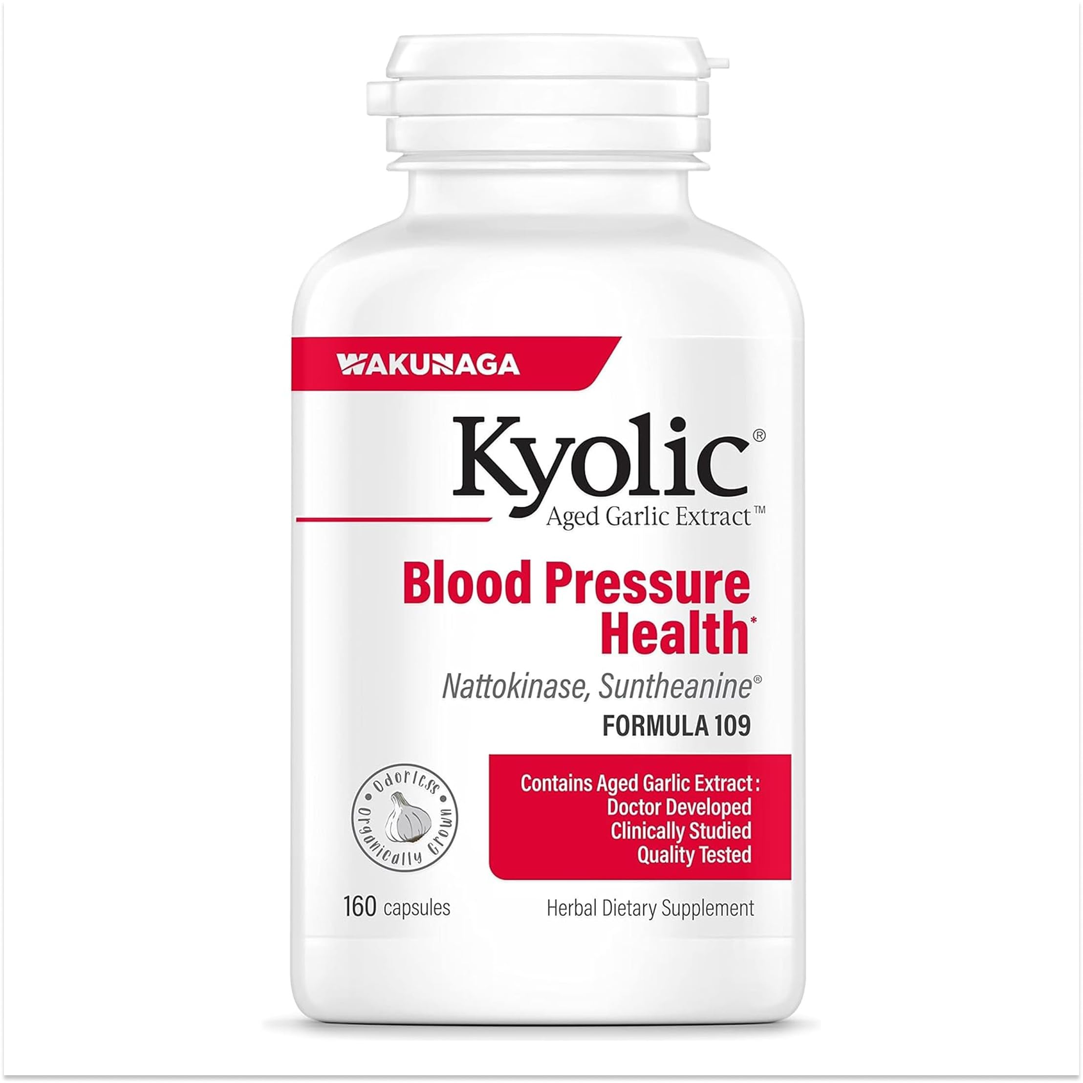 Kyolic front packaging showing Formula 109 bottle and heart support benefit
