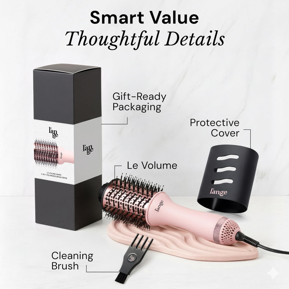 L'ANGE HAIR on bathroom counter in lifestyle scene suggesting salon-finish convenience