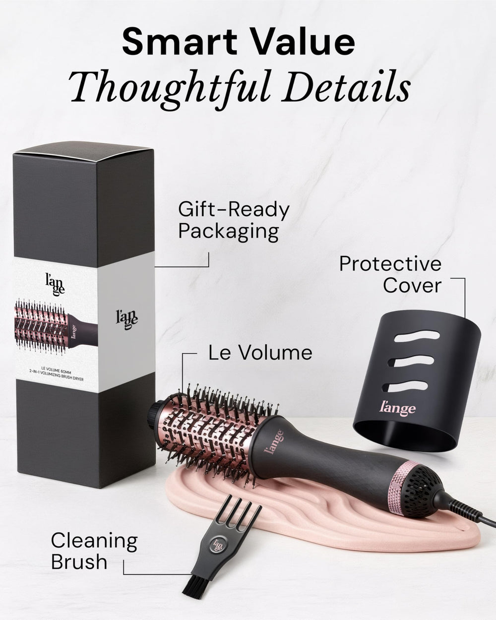 L'ANGE HAIR swivel cord and packaging showing tangle-free styling freedom