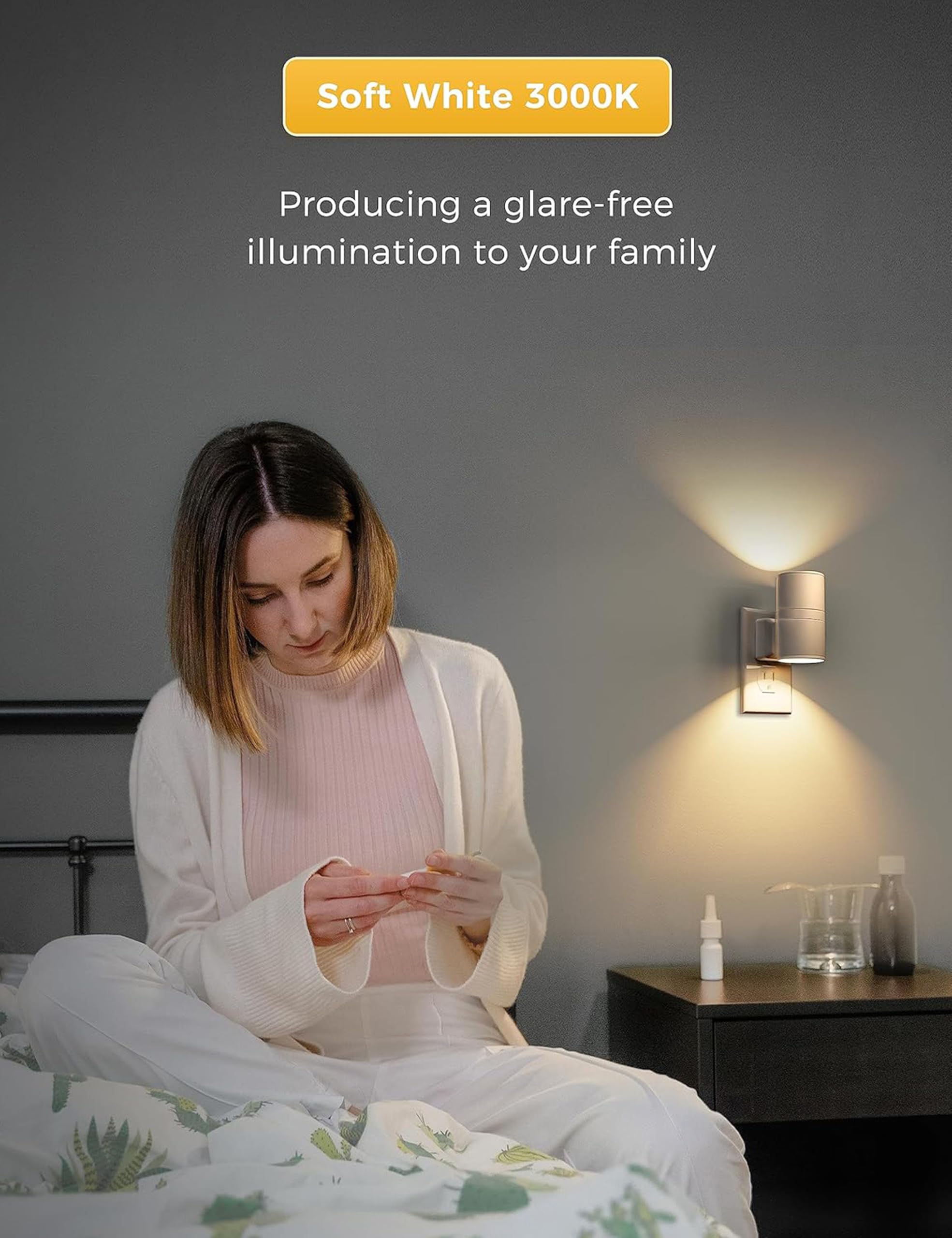 L LOHAS LED on bedroom nightstand providing warm, glare-free bedside light