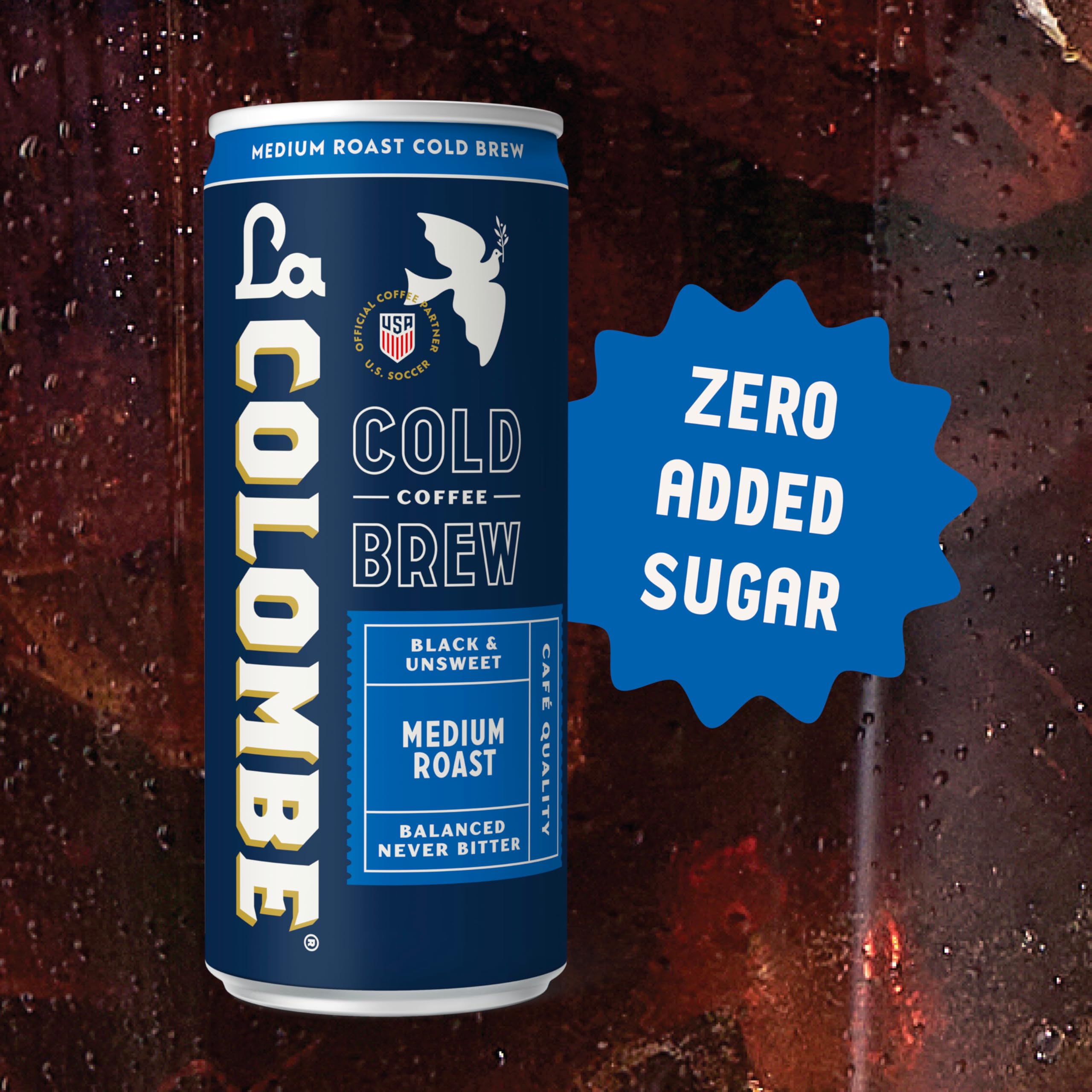 La Colombe glass with ice demonstrating refreshing chill and bold taste