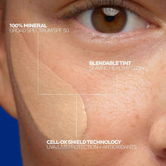 La Roche-Posay product spread on hand illustrating blendable tint and no white cast