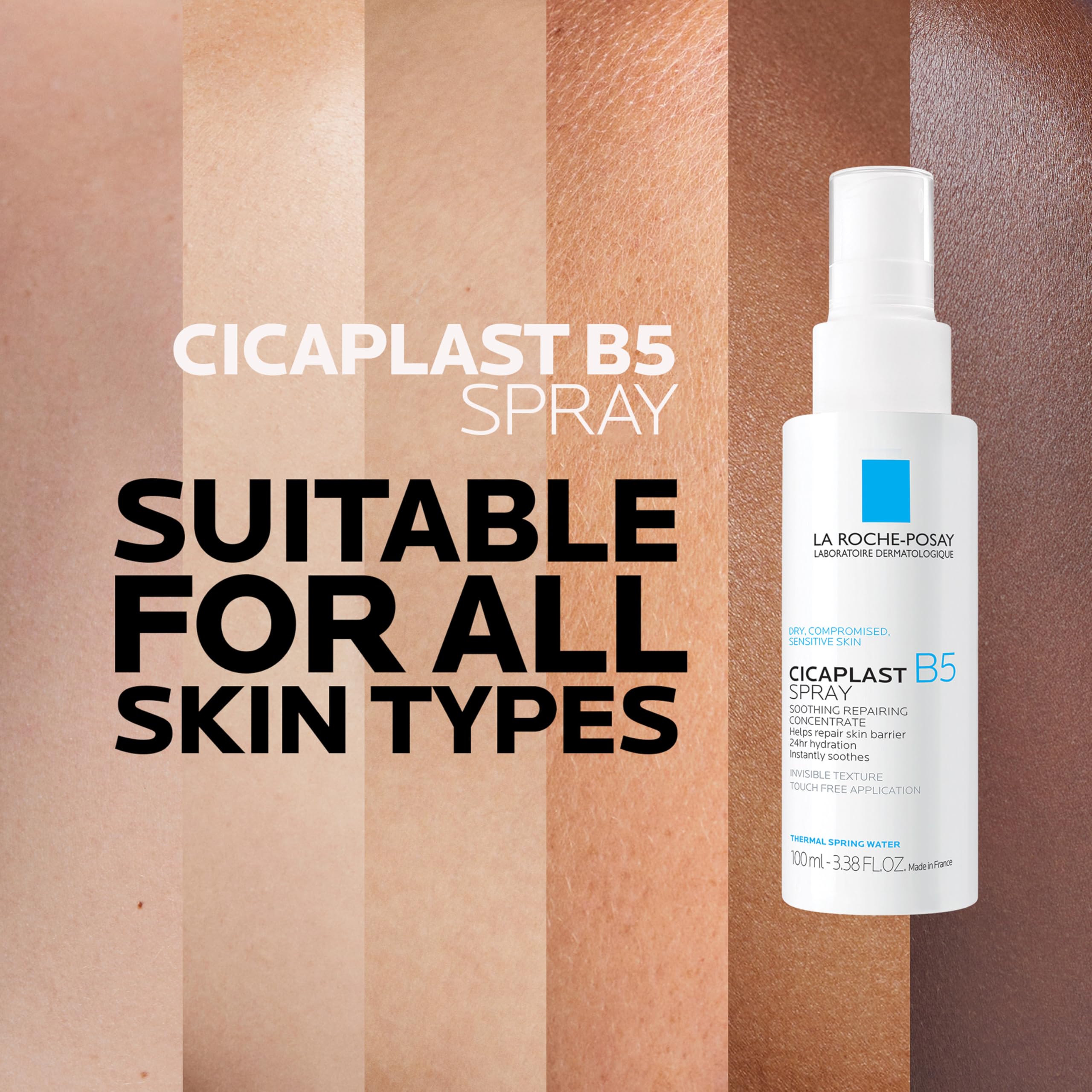 La Roche-Posay spray held in hand demonstrating easy, sanitary application on-the-go