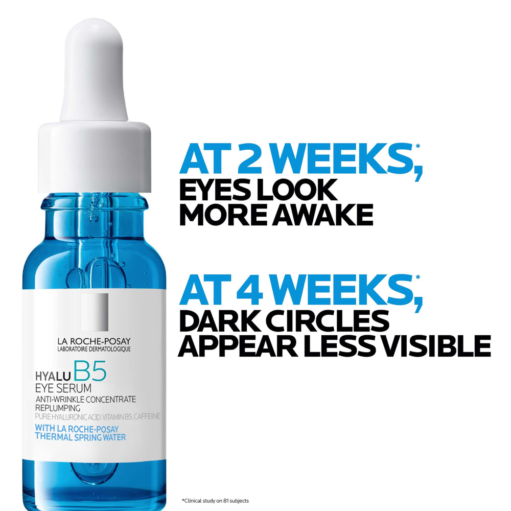La Roche-Posay applying serum under eye with roller to reduce puffiness and hydrate