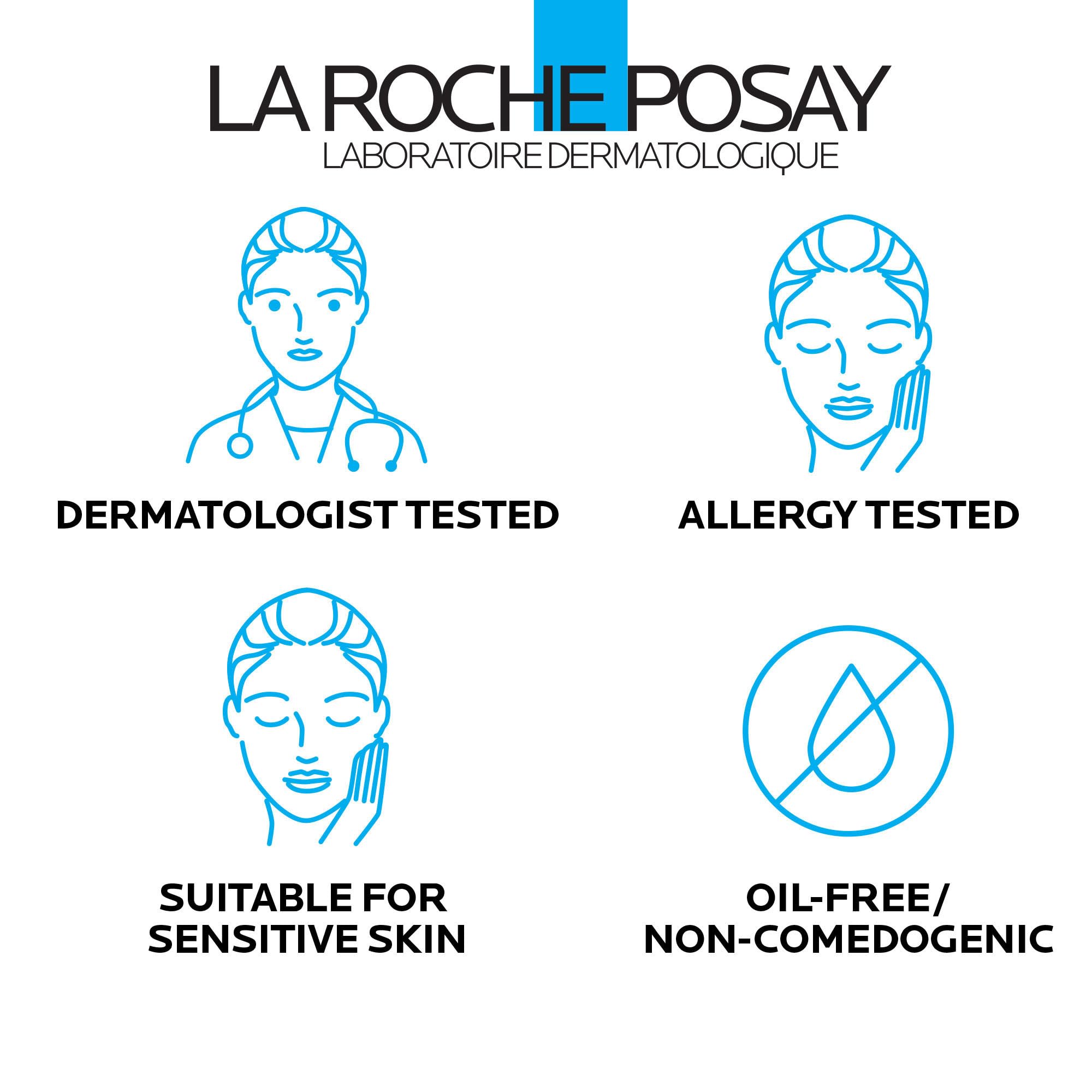 La Roche-Posay bottle on bathroom vanity lifestyle shot conveying daily routine benefit
