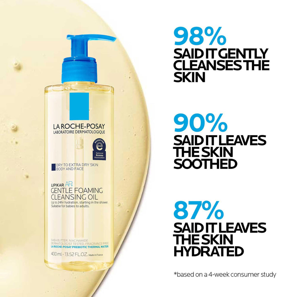 La Roche-Posay bottle staged in a shower setting for convenient use